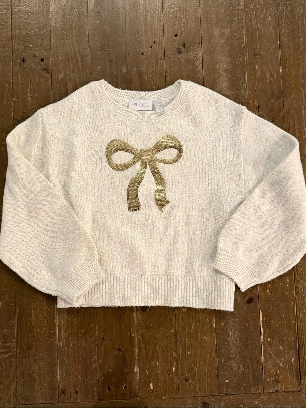 The Children's Place Cream Sweater with Gold Sequin Bow